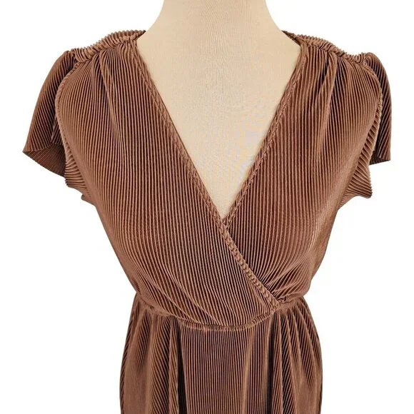 Baltic Born Athena Pleated Brown Short Sleeve Maxi Dress Sz M - Picture 3 of 11